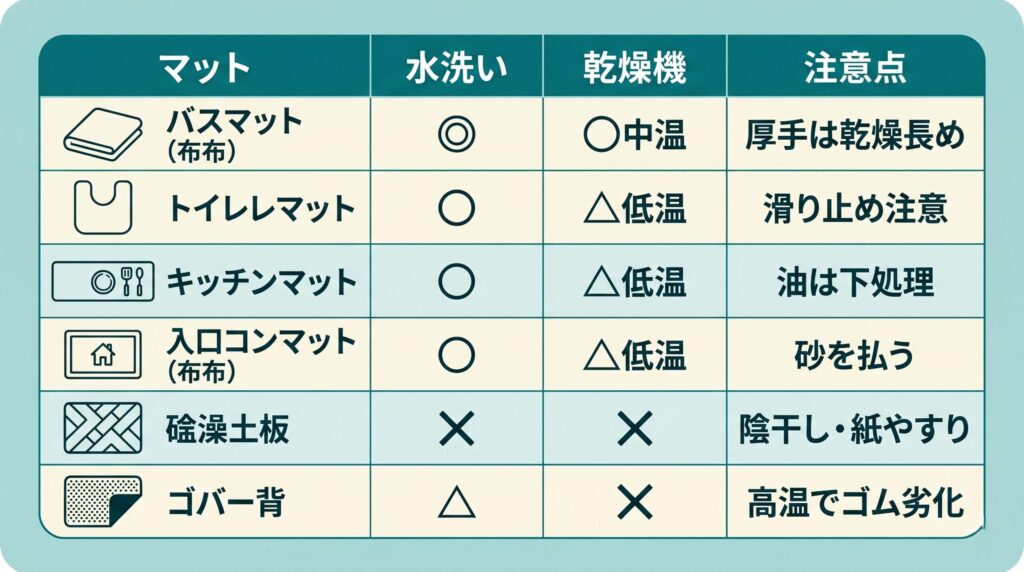 バスマット・トイレマット・キッチンマット・玄関マット・珪藻土マットの洗濯可否と乾燥温度の比較表