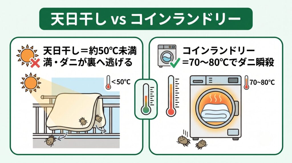 天日干しは50℃に届かずダニが裏側へ逃げる一方、コインランドリーの約70〜80℃の高温乾燥はダニを瞬時に死滅させる、というダニ死滅効果の比較