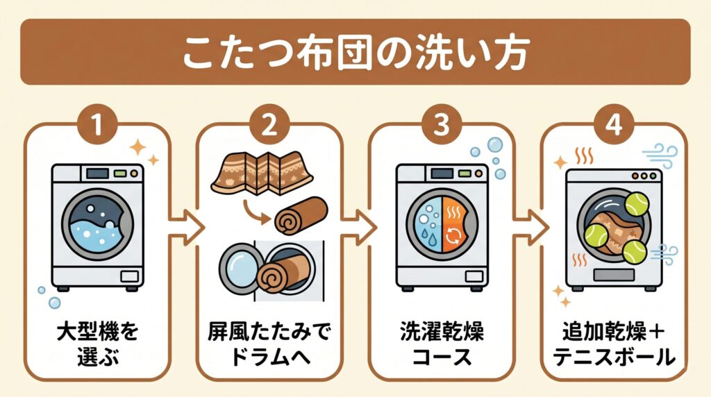 こたつ布団は大きく分厚いので大型機を選び、屏風たたみでドラムへ、洗濯乾燥コース後に追加乾燥とテニスボールでふっくら仕上げる、というこたつ布団の洗い方の流れ
