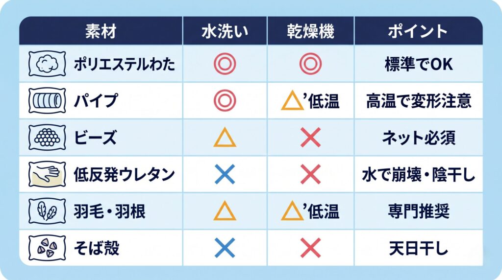 ポリエステルわた・パイプ・低反発ウレタン・羽毛・そば殻の枕の洗濯可否と乾燥方法の比較表