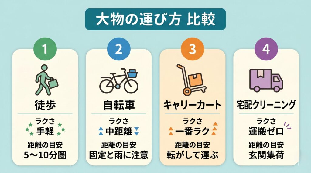 徒歩・自転車・キャリーカート・宅配クリーニングそれぞれの大物運搬のラクさ・距離の目安・コストを比較した図