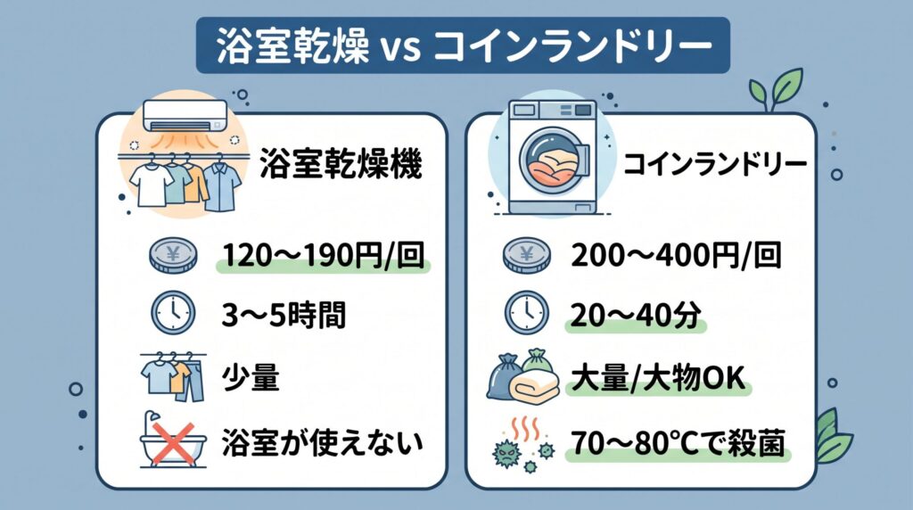 浴室乾燥機は1回120〜190円で3〜5時間かかり少量向き、コインランドリーは200〜400円で20〜40分と大量・大物向き、という電気代・時間・容量の比較