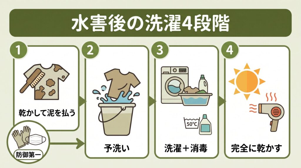 浸水した衣類は乾かして泥を払い、予洗いしてから洗濯し、熱または漂白剤で消毒して完全に乾かす、という水害後の衣類を衛生的に戻す4段階