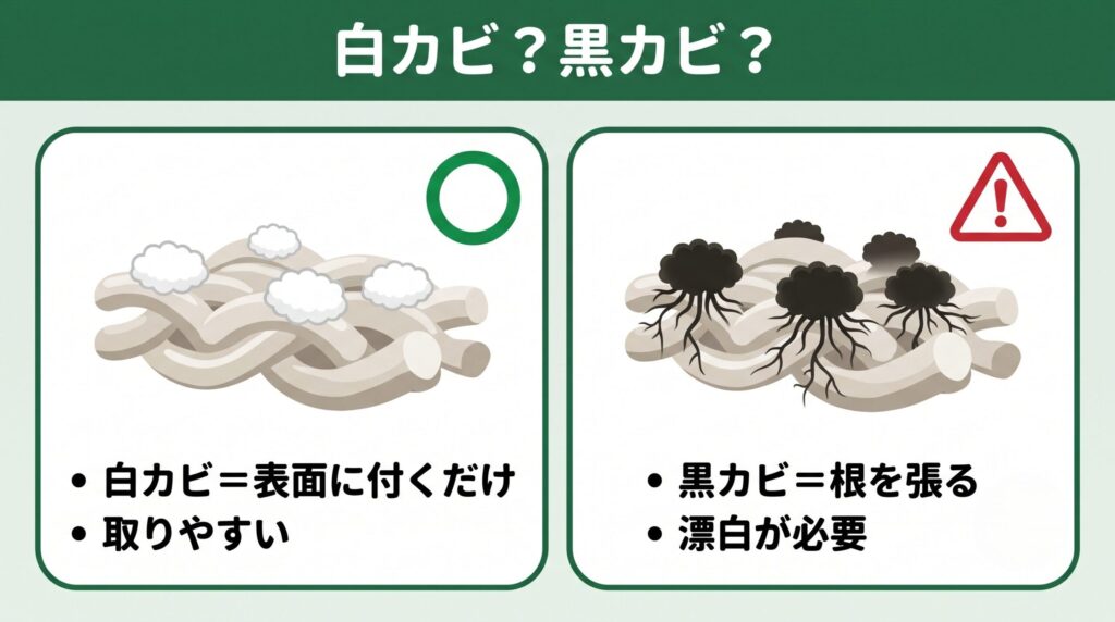 白カビは表面に付着するだけで取りやすく、黒カビは繊維の奥に根を張るため手強い、という衣類のカビ2種類の見分け方と対処の難易度