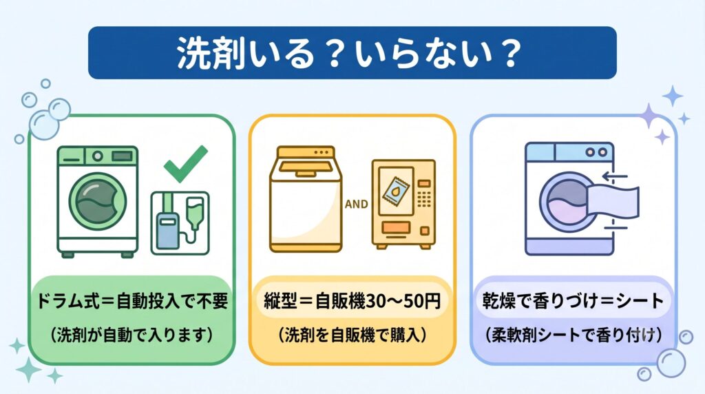 ドラム式は自動投入で洗剤不要・縦型は自販機（30〜50円）・乾燥機で香りづけは柔軟剤シート、というコインランドリーで洗剤がいる場合いらない場合の早見表