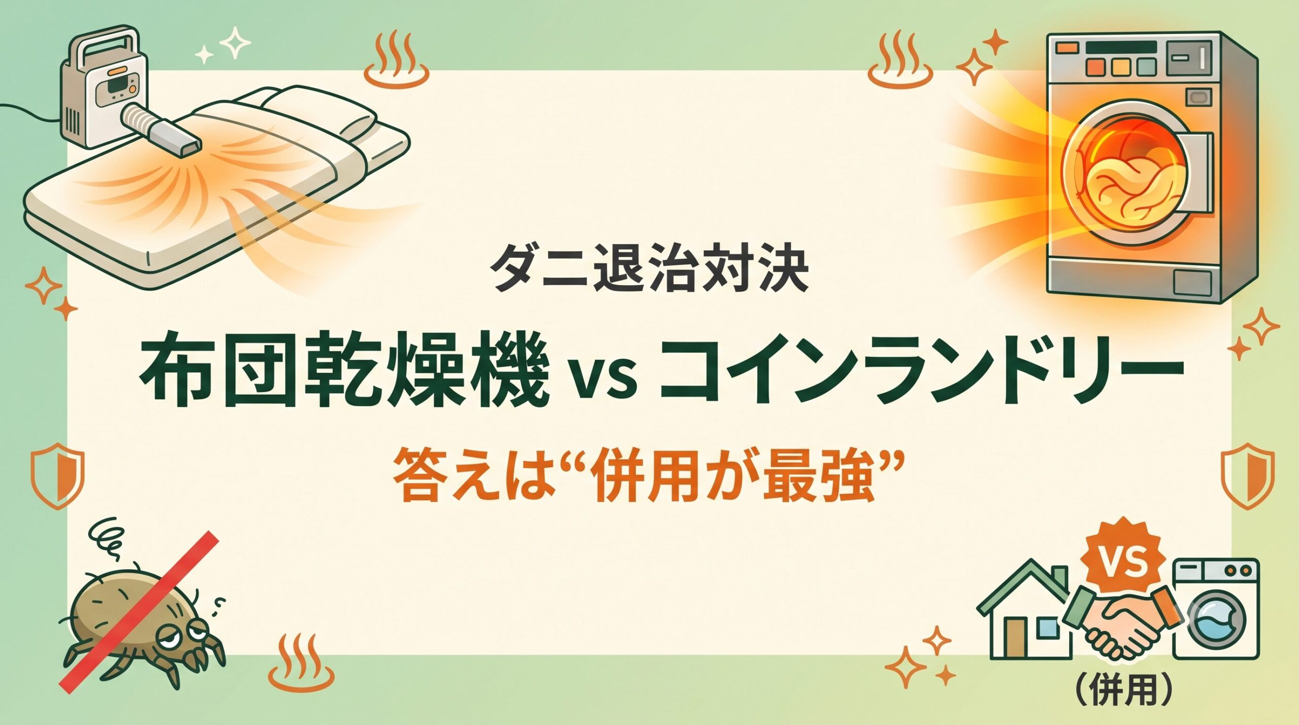 布団乾燥機とコインランドリーのダニ退治力を比較し併用が最強という結論を示したイメージ