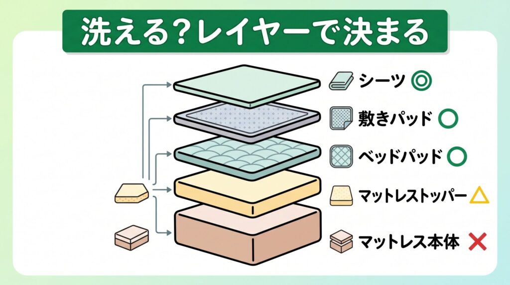 マットレス本体は洗えないが、その上のシーツ・敷きパッド・ベッドパッドは洗えるという、ベッド寝具のレイヤー別に洗える・洗えないを分けた図