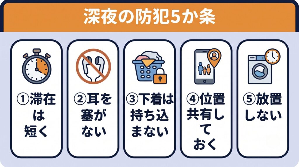 滞在は短くする、イヤホンで耳を塞がない、下着は持ち込まない、位置情報を共有する、放置しないという深夜利用の防犯5か条