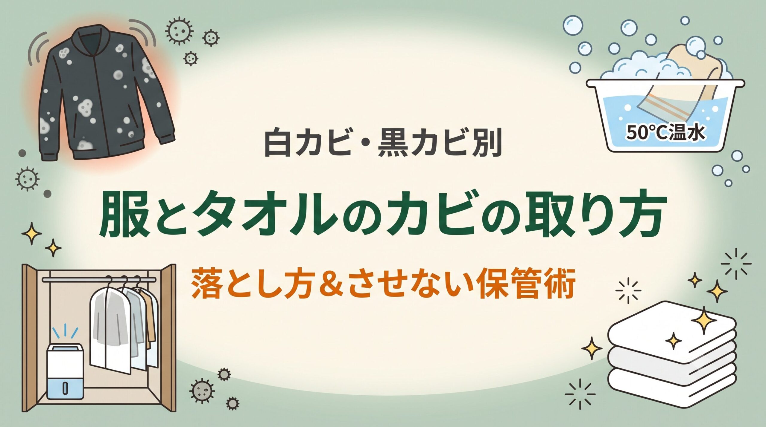 服やタオルの白カビ・黒カビの落とし方とカビさせない保管術を示したイメージ