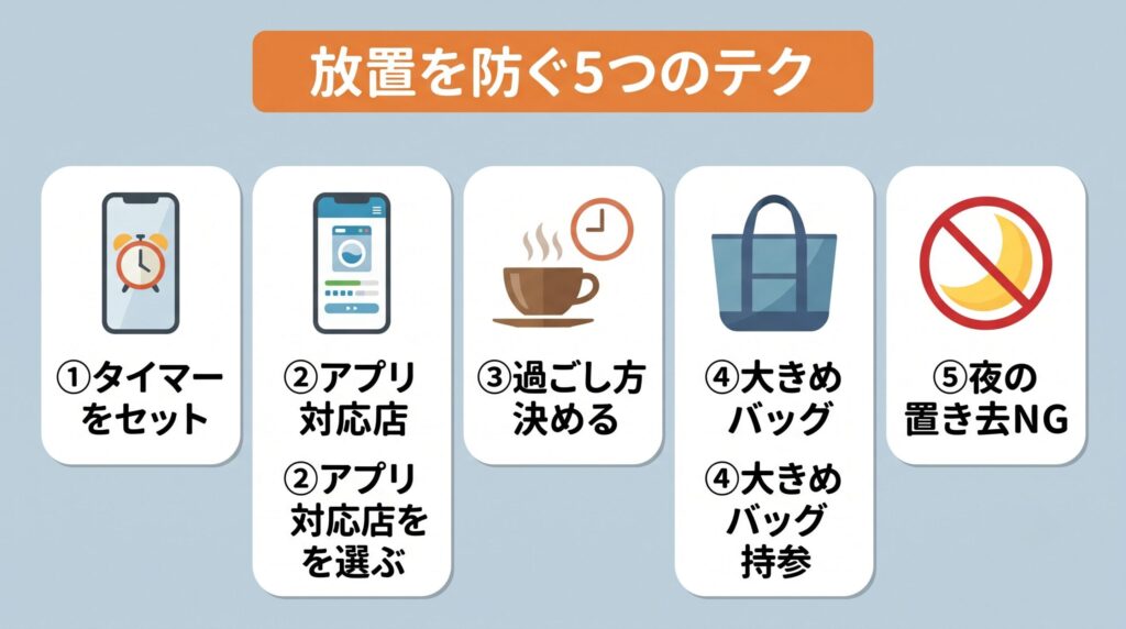 スマホのタイマー設定、アプリ対応店を選ぶ、過ごし方を決めておく、大きめバッグを持参する、夜間の置き去りをしないという放置を防ぐ5つのテクニック