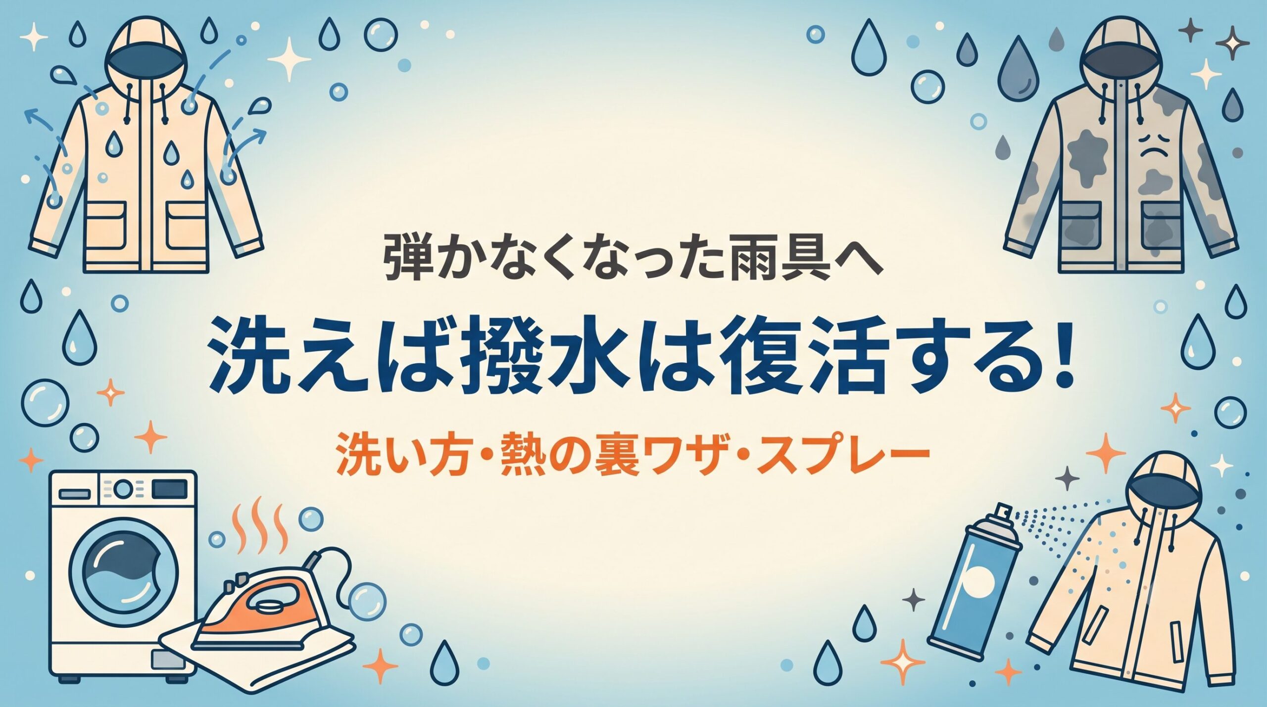 レインコートの撥水を洗濯と熱処理と防水スプレーで復活させる方法を示したイメージ