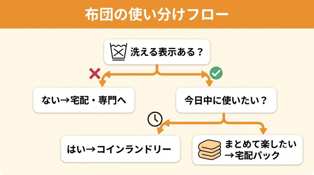 洗濯表示で洗えるかを確認し、洗えないなら宅配クリーニングへ、洗えて急ぐならコインランドリー、まとめて楽したいなら宅配パックという使い分けフローチャート