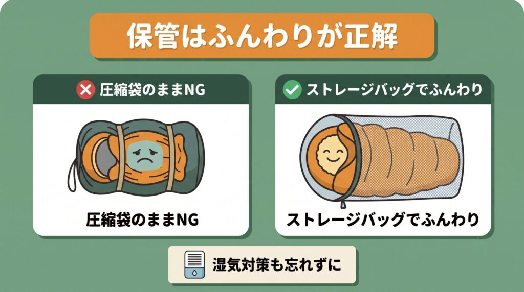 収納袋に圧縮したままの長期保管はNGで、大きめのストレージバッグにふんわり入れて湿気の少ない場所に保管するのが正解