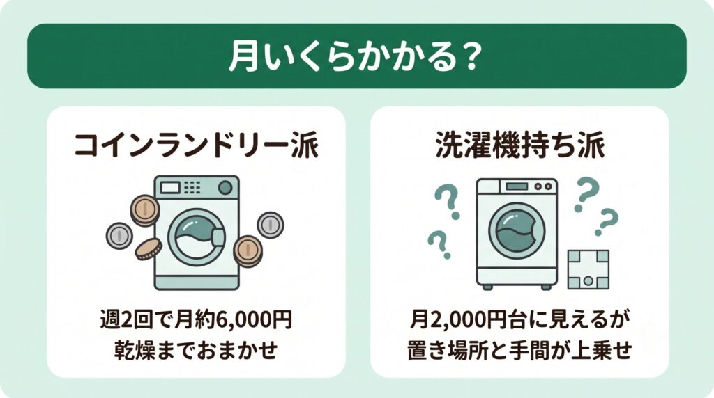 コインランドリー派は週2回で月約6,000円、洗濯機持ち派は月2,000円台に見えるが置き場所の家賃や干す手間という見えないコストがあるという比較