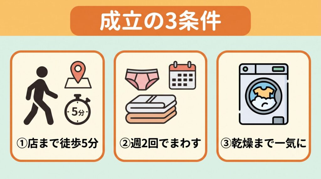 店まで徒歩5分圏内、衣類を増やして週2回でまわす、乾燥までまとめて済ませるという洗濯機なし生活が成立する3つの条件