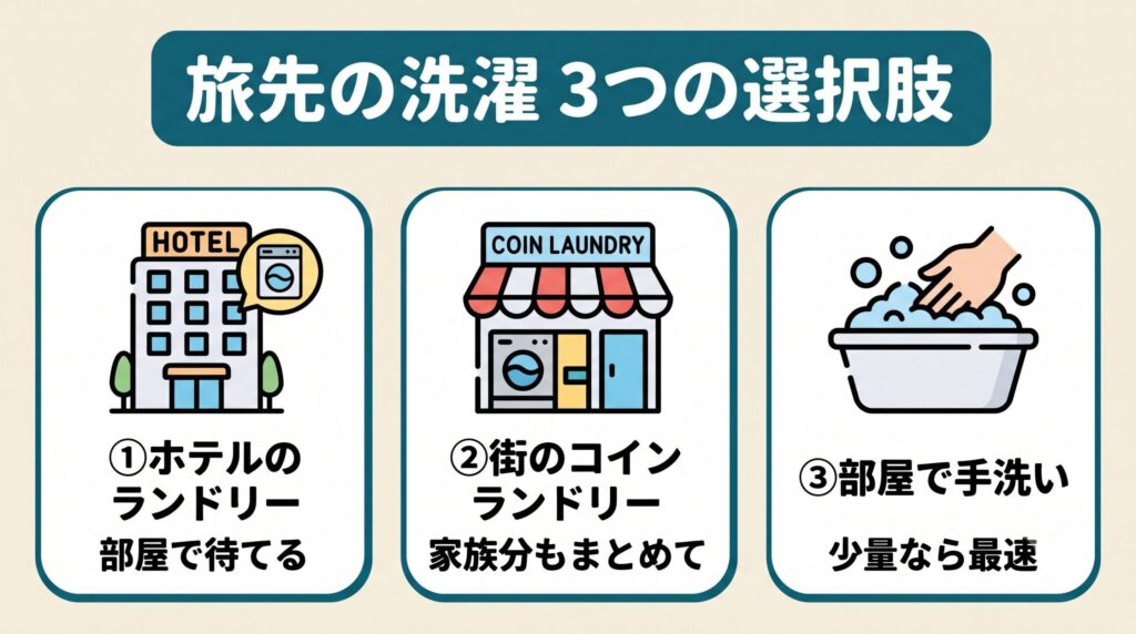 ホテル館内のコインランドリー、街のコインランドリー、部屋での手洗いという旅先の洗濯3つの選択肢の使い分け