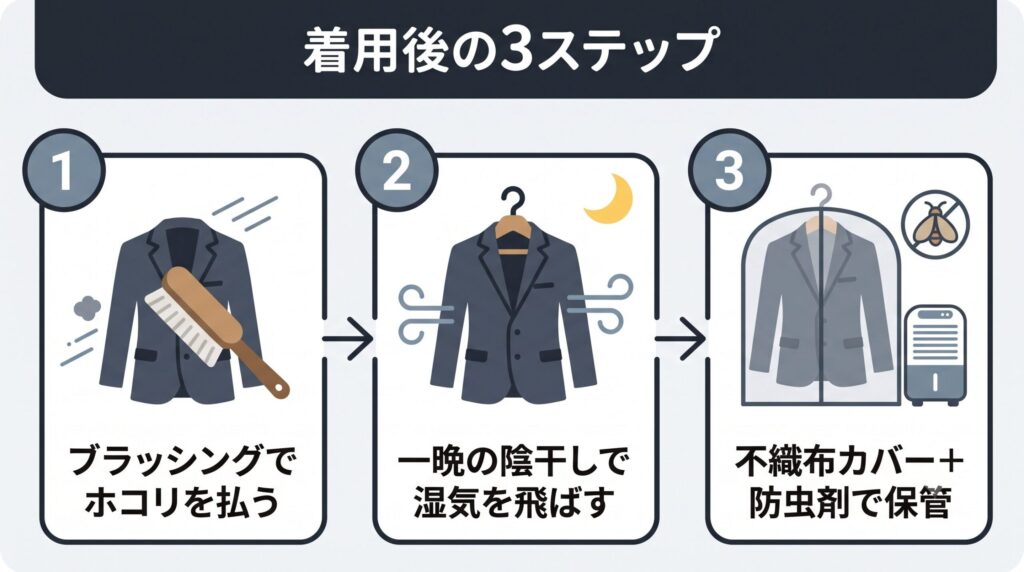 着用後は洋服ブラシでホコリを払い、一晩陰干しして湿気を飛ばし、不織布カバーを掛けて防虫剤とともに保管する、という喪服・礼服の着用後ケアの流れ