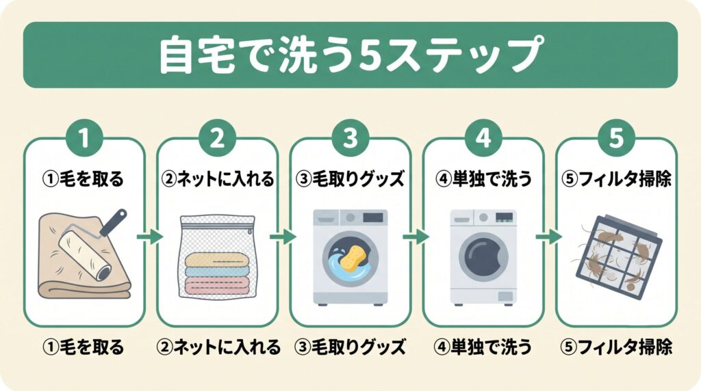 乾いた状態で毛を取り、洗濯ネットに入れ、毛取りグッズと一緒に単独で洗い、最後にフィルターを掃除する、自宅でペット用品を洗う5つのステップ