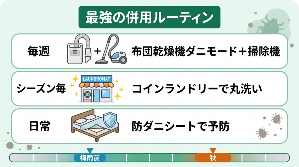 週1回は布団乾燥機のダニモードと掃除機がけで予防し、シーズンごとにコインランドリーで丸洗いして死骸とフンごとリセットし、防ダニシートで日常を守る、という最強の年間ダニ対策ルーティン