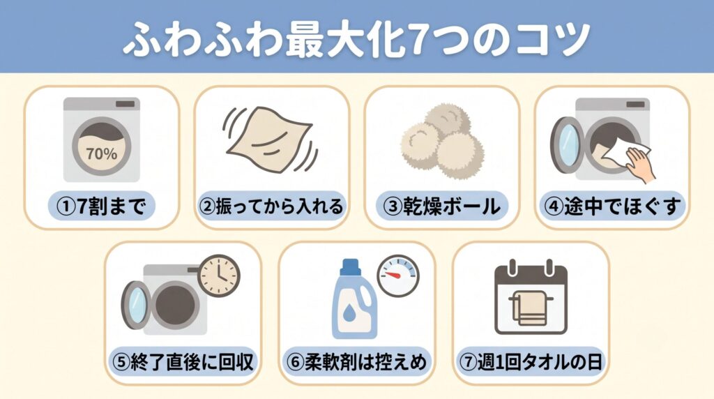 ドラムの7割まで入れる、入れる前に振ってほぐす、乾燥ボールを入れる、途中でほぐす、終了直後に取り出す、柔軟剤は控えめ、週1回乾燥機の日を作るという7つのコツ