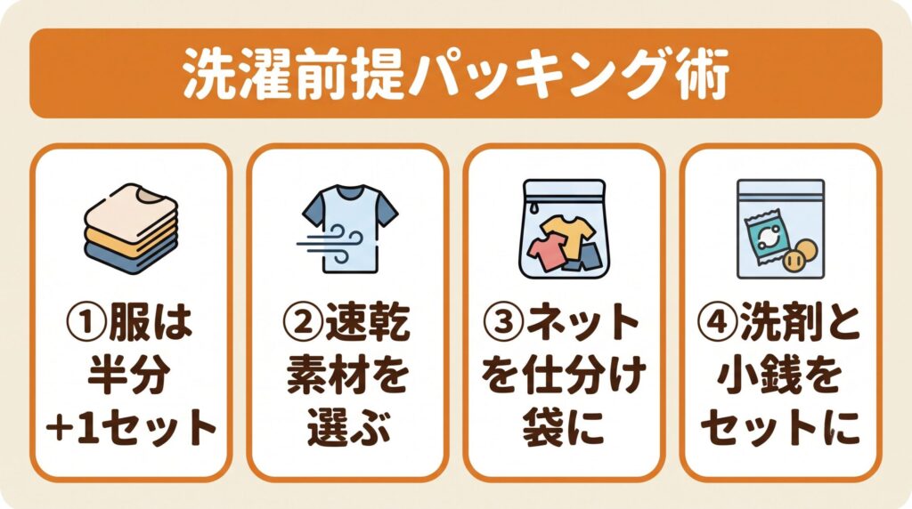 服は日数の半分プラス1セット、乾きやすい素材を選ぶ、洗濯ネットを仕分け袋にする、携帯洗剤と小銭をセットにするというパッキング術