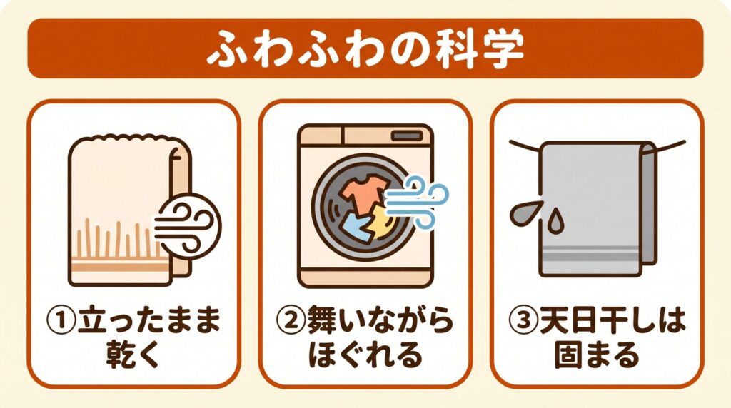 繊維が立ったまま乾く、大きなドラムで舞いながらほぐされて乾く、天日干しは繊維が固まって乾くという乾燥機がふわふわに仕上がる3つの科学