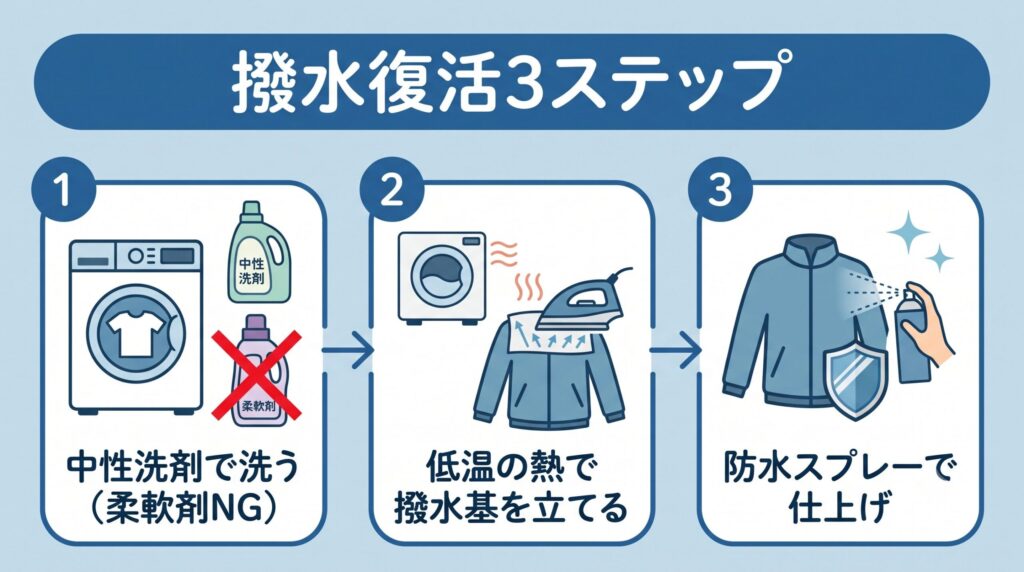 中性洗剤で洗って汚れを落とし、低温タンブル乾燥か当て布アイロンの熱で撥水基を立て直し、仕上げに防水スプレーをかける、というレインウェアの撥水復活3ステップ