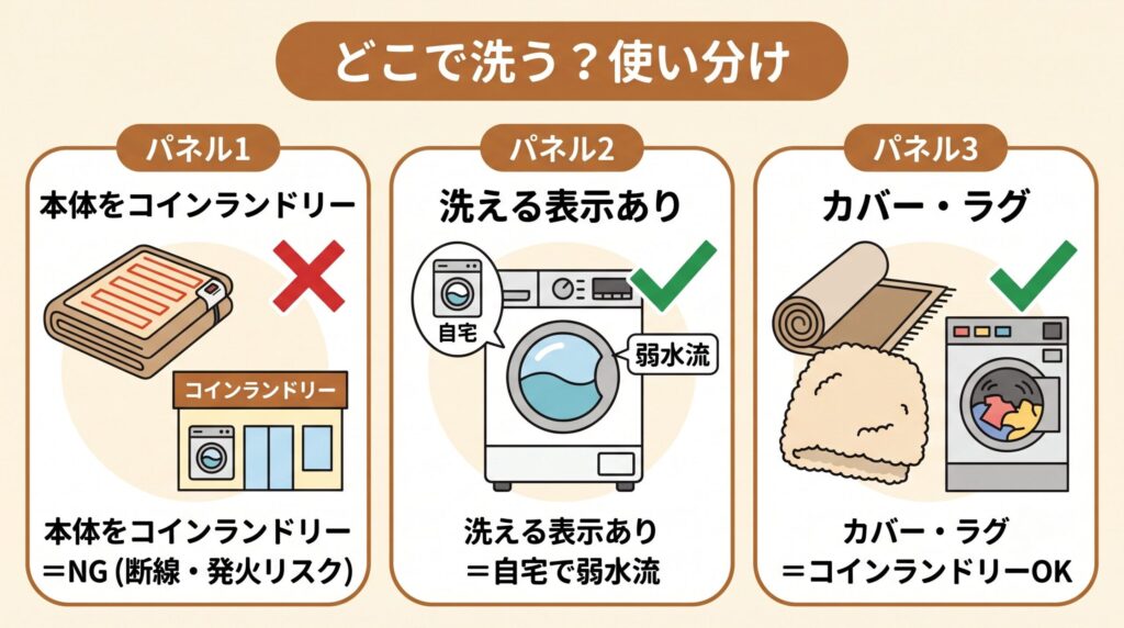 電気毛布とホットカーペットの本体は内部のヒーター線が断線するためコインランドリーNG、洗える表示があれば自宅でやさしく洗い、カバー類はコインランドリーOK、という暖房寝具の洗い方の使い分け