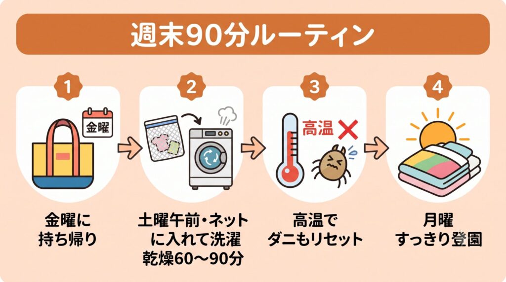 金曜に持ち帰ったお昼寝布団をコインランドリーで洗濯乾燥60〜90分で仕上げ、高温乾燥でダニもリセットして月曜に持って行く、という週末まとめ洗いのルーティン