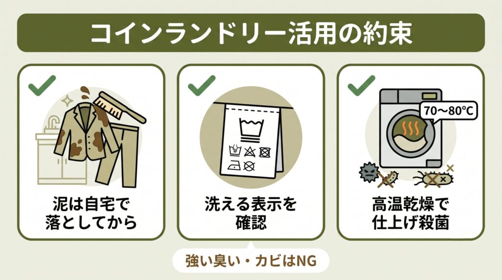 泥は自宅で落としてから持ち込む・洗える表示の布団のみ・高温乾燥で仕上げの殺菌をする、という水害後にコインランドリーを使うときのマナーと活用ポイント