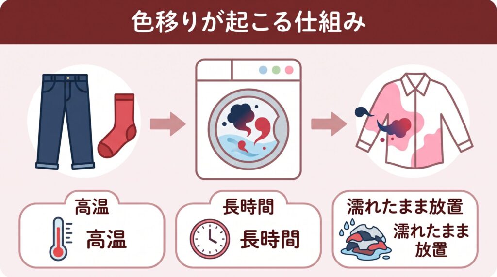 濃い色の衣類から染料が水に溶け出して他の衣類に定着するのが色移りで、高温・長時間・濡れたまま放置が三大原因、という色移りが起こる仕組み
