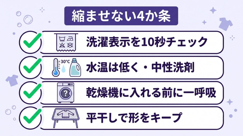 洗濯表示の確認・30℃以下の水温・中性洗剤とネット・乾燥機を避けて平干し、という服を縮ませないための洗濯と乾燥のポイント
