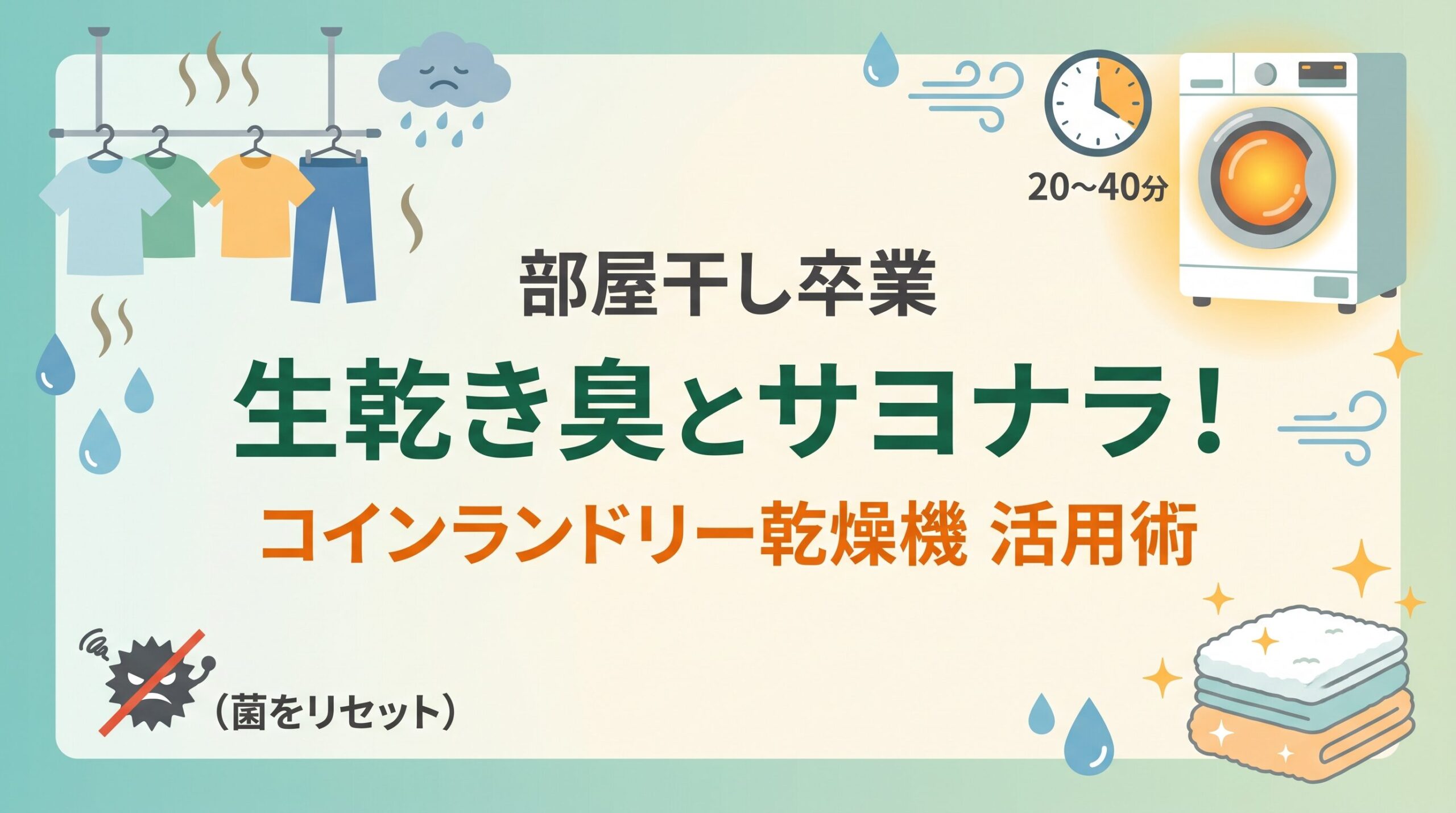 部屋干しの生乾き臭をコインランドリーの高温乾燥機で解決する方法を示したイメージ