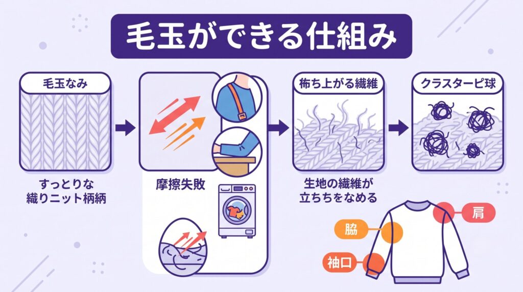 着用や洗濯の摩擦で繊維の表面が毛羽立ち、毛羽同士が絡まって毛玉に育つ、という毛玉ができる仕組みと摩擦が起きやすい場所