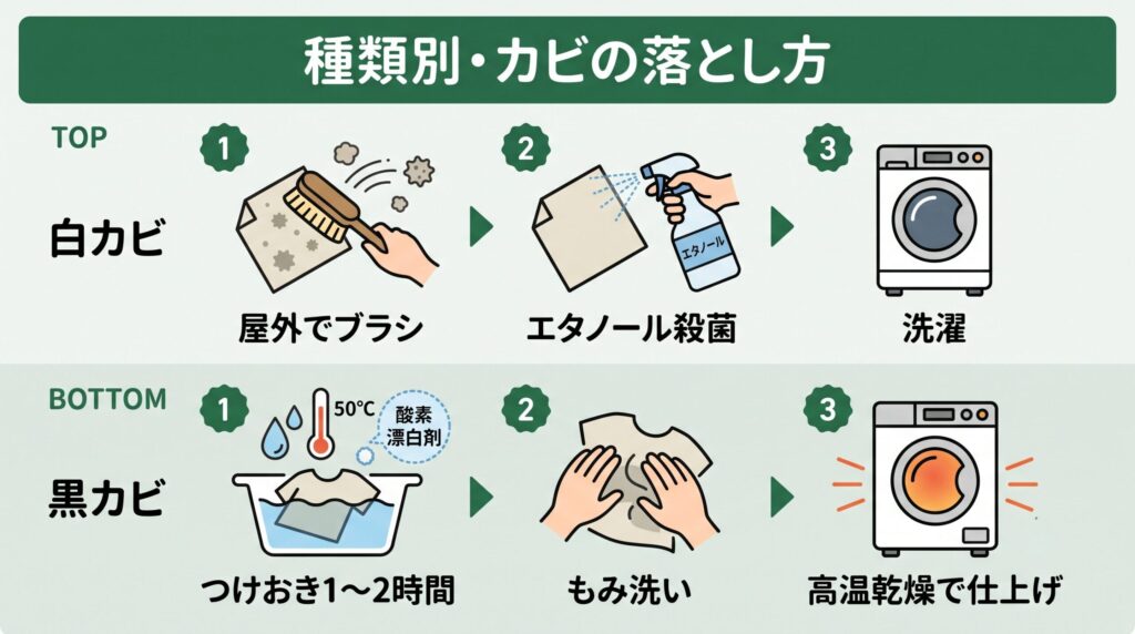 白カビは屋外でブラッシングしてエタノール殺菌後に洗濯、黒カビは50℃のお湯と酸素系漂白剤で1〜2時間つけおきしてから洗濯し高温乾燥で仕上げる、というカビの種類別の落とし方