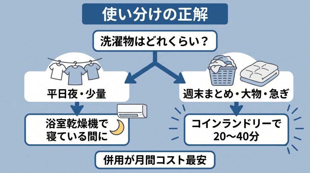 平日夜の少量は浴室乾燥機、週末のまとめ洗いと布団などの大物はコインランドリー、という量と時間で決める使い分けの判断フロー