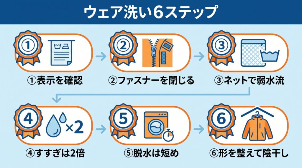 洗濯表示を確認し、ファスナーを閉じ、ネットに入れてデリケートコースで洗い、すすぎは2倍、脱水は短め、形を整えて陰干しするスキーウェアの洗い方6ステップ
