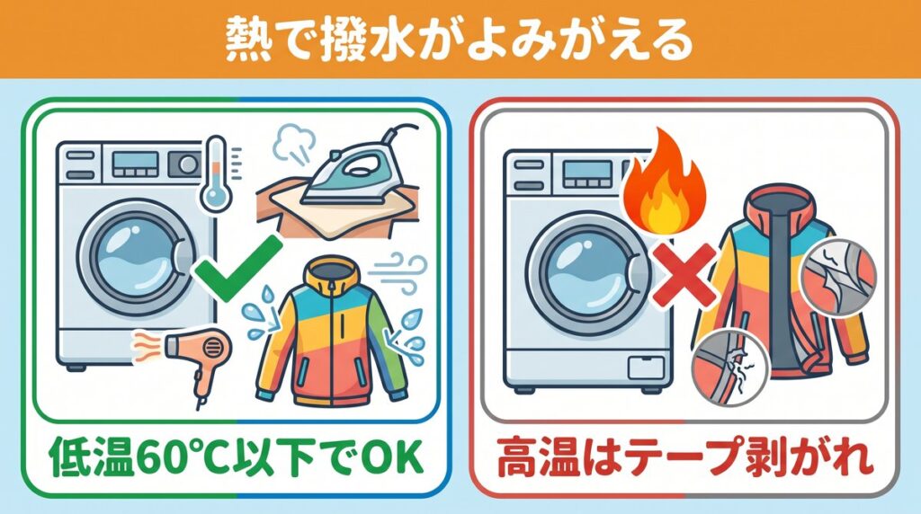 60℃以下の低温乾燥機やあて布アイロン、ドライヤーの熱処理で防水透湿ウェアの撥水性能が復活し、高温はシームテープ剥がれの原因になるという解説