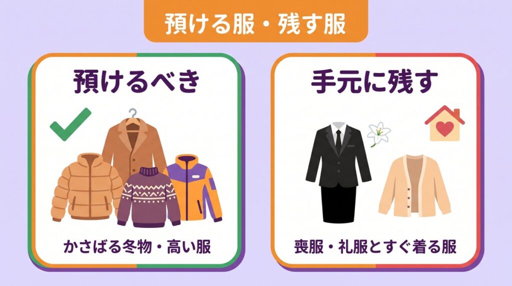 ダウンやコート、厚手ニット、スキーウェアは預けるべきで、喪服や礼服、シーズン中に使う服は手元に残すという仕分けの目安