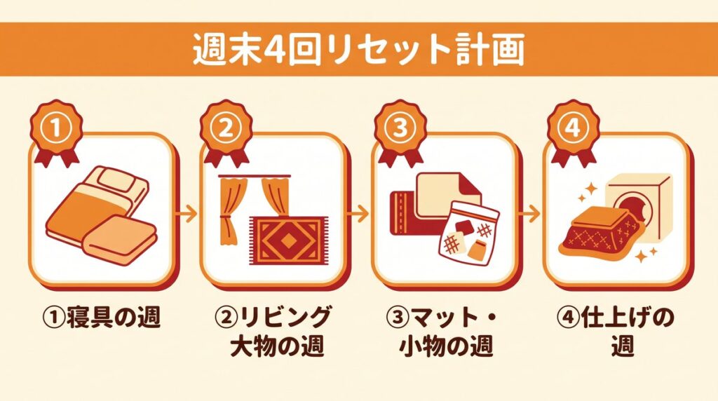 第1週は寝具、第2週はカーテンとラグ、第3週はマットと小物、第4週はこたつ布団の乾燥と仕上げという週末4回の布物大掃除スケジュール