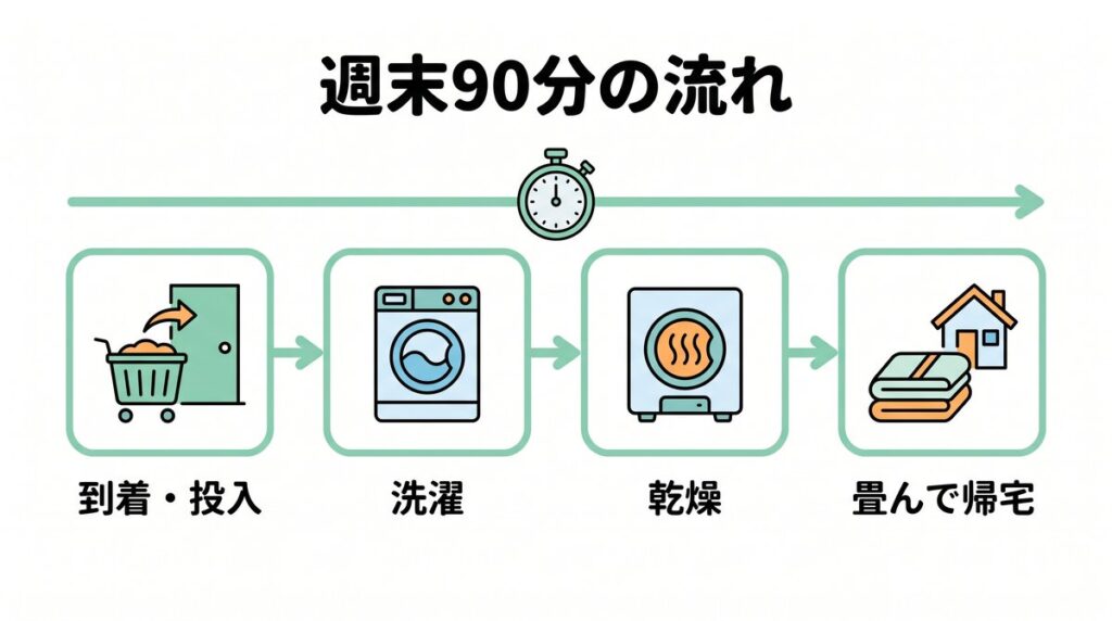 コインランドリーでの週末90分の流れを示すタイムライン図。到着・投入から洗濯、乾燥、畳んで帰宅までの4段階を表したイラスト