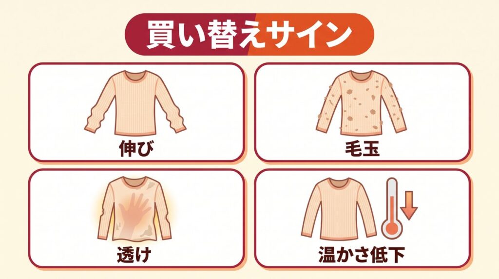 発熱インナーの買い替えサイン4つを示すイラスト。伸び、毛玉、透け、温かさの低下をカードで比較