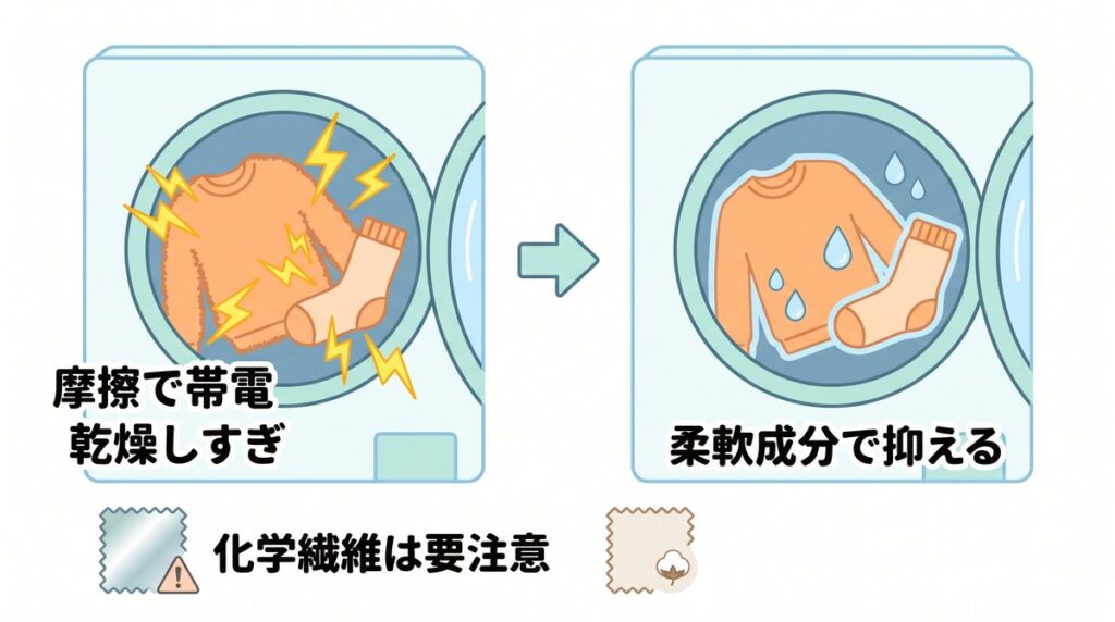 乾燥した化学繊維同士が乾燥機の中でこすれて静電気がたまり、柔軟成分が表面をなめらかにして帯電を抑える仕組みの図解