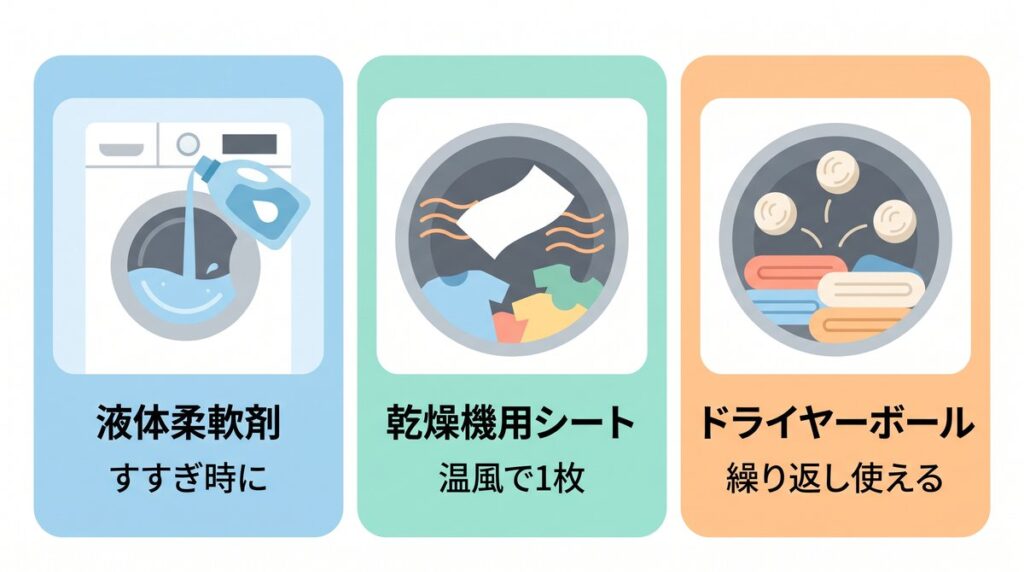 液体柔軟剤はすすぎ時、乾燥機用シートは乾燥機に1枚、ドライヤーボールは乾燥機に2〜3個と、3種の入れる場所と特徴を比べた図