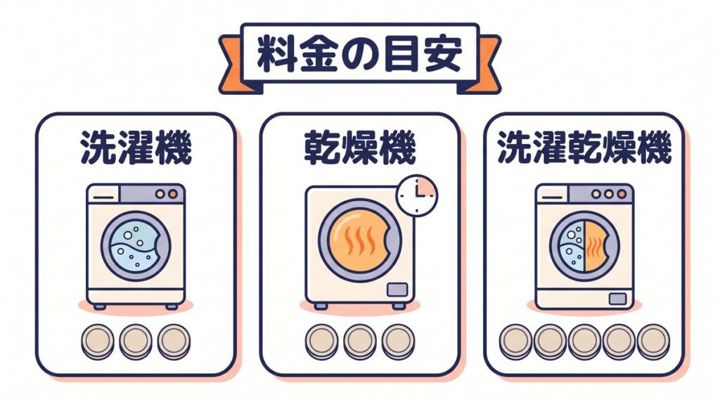 洗濯機・乾燥機・洗濯乾燥機の3種類の機械を並べて比べた料金早見表のイラスト