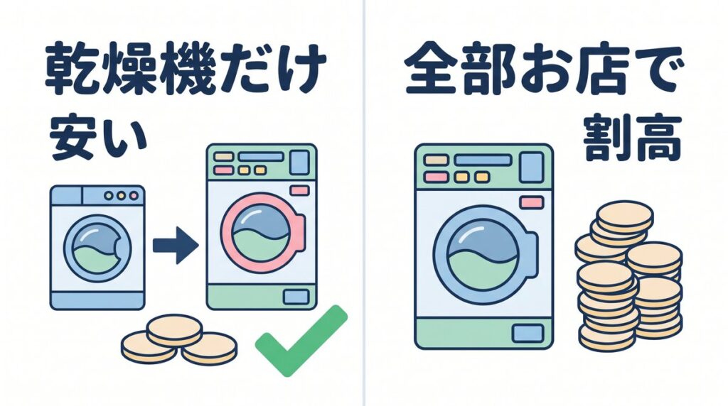 自宅で洗って乾燥機だけ使う方法と、すべてコインランドリーで済ませる方法の費用感を比べたイラスト
