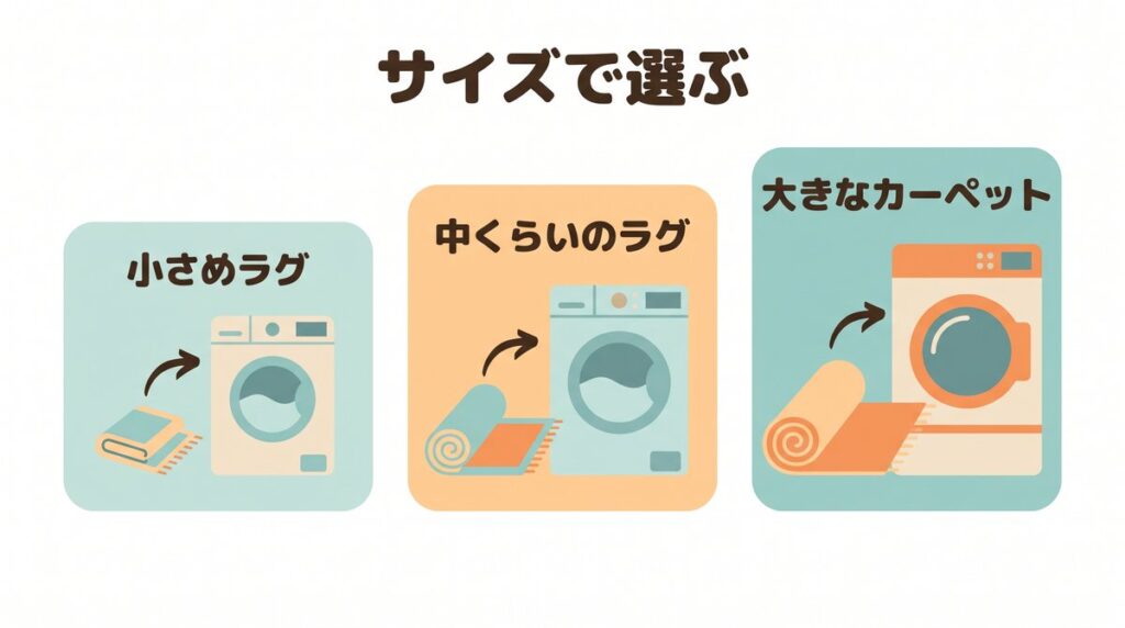 小さめのラグは中型機、中くらいのラグは大型機、大きなカーペットは最大クラスの洗濯機を選ぶことを示す3枚カードの図解