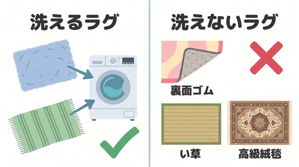 ポリエステルなどの洗えるラグと、裏面ゴム付き・い草・高級絨毯など洗えないラグを左右で比較した図解