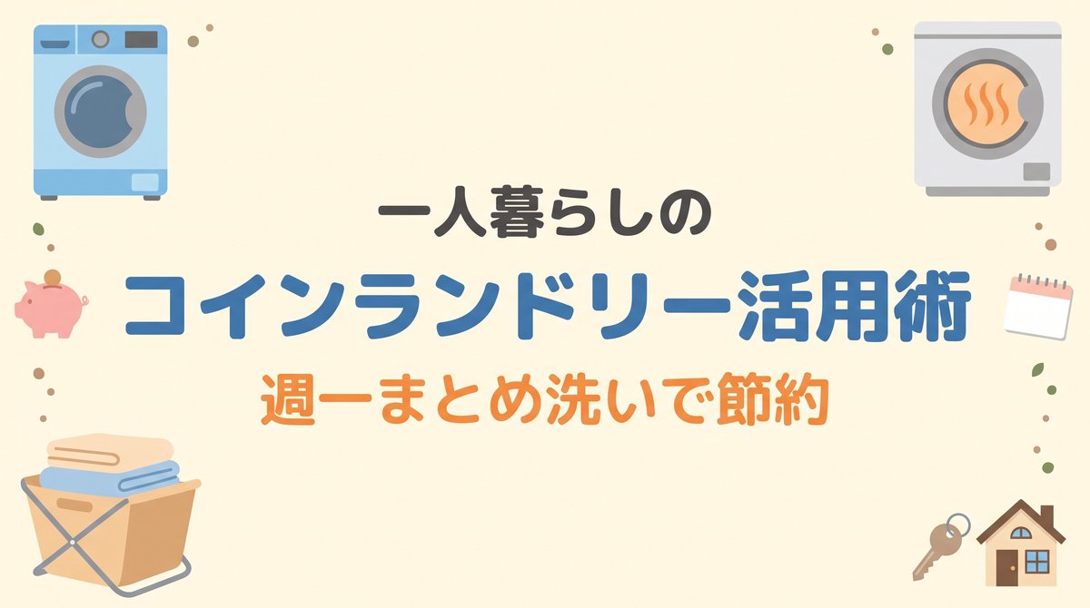 一人暮らしのコインランドリー活用術。週1まとめ洗いで時間と生活費を節約することを表すアイキャッチ