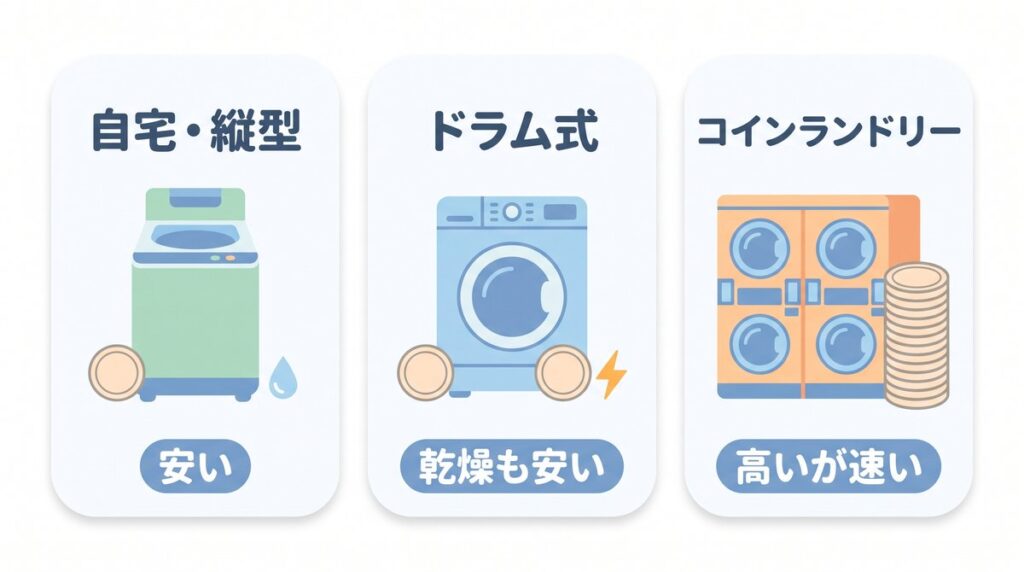 自宅の縦型洗濯機、自宅のドラム式洗濯乾燥機、コインランドリーの3つを費用の大小で比べた3枚カードの図解